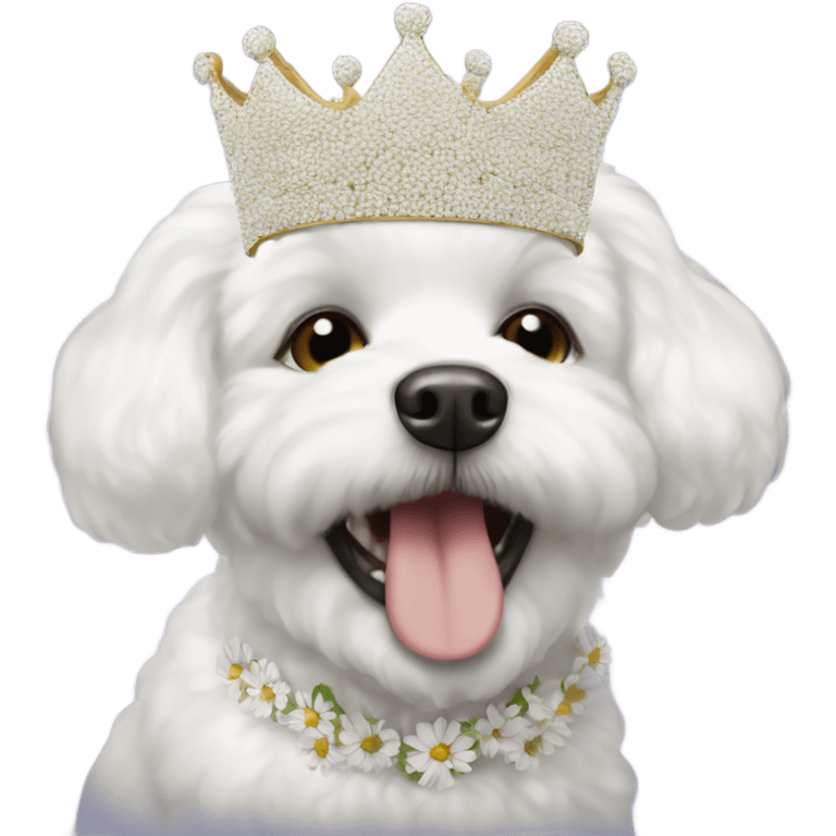 A happy bichon wearing a crown made of daisy flowers  emoji