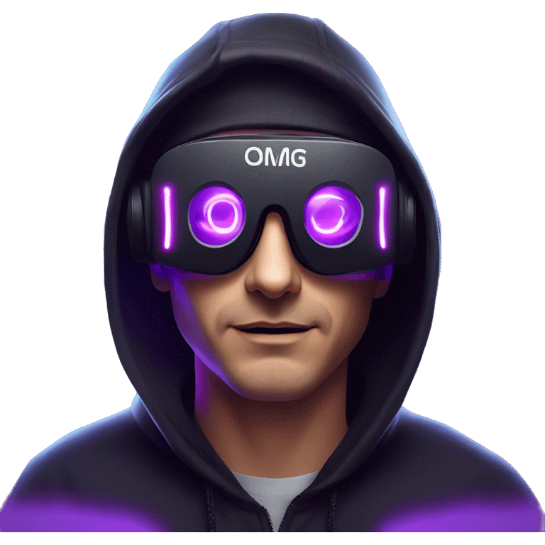 Russian man wearing a black hoodie with "OMG" letters on it and VR headset in a cyberpunk VR environment with violet neon lighting. emoji