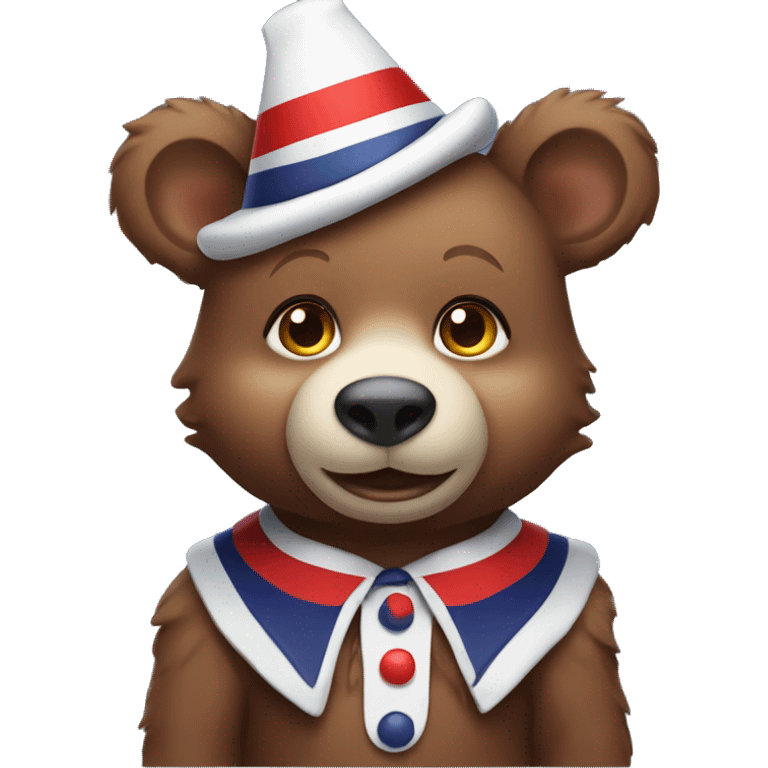 Brown baby bear. Clothes are Red White and Navy. Wearing jester collar and a clown hat.  emoji