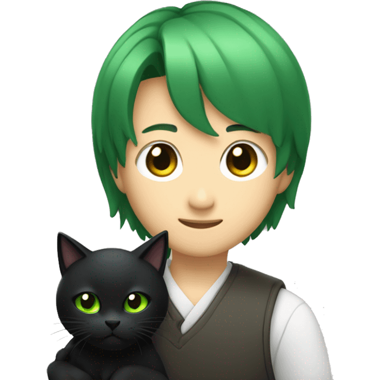 Giyu Tomioka holding a black cat with green eyes and a bob tail emoji