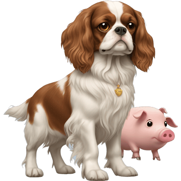 King Charles spaniel walking a pig emoji