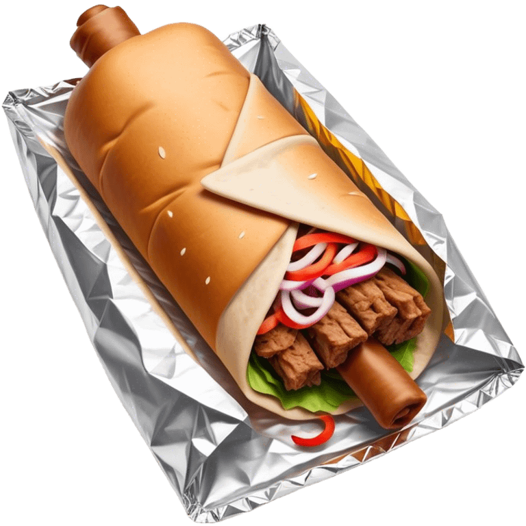 Doner Kebab Cinematic Realistic Doner Kebab Dish Emoji, depicted as iconic, spiced meat wrapped in foil and paper, rendered with lifelike textures and dynamic, appetizing lighting. emoji