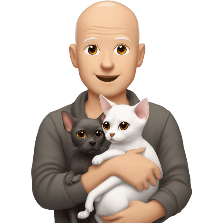 White, bald man is holding a grey, small sphinx cat and woman with dark, straight hair is holding orange, fluffy Pomeranian dog emoji