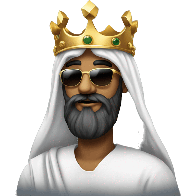 A man in an arafat with a large black beard and large square sunglasses, wearing a golden crown on top of the arafat emoji