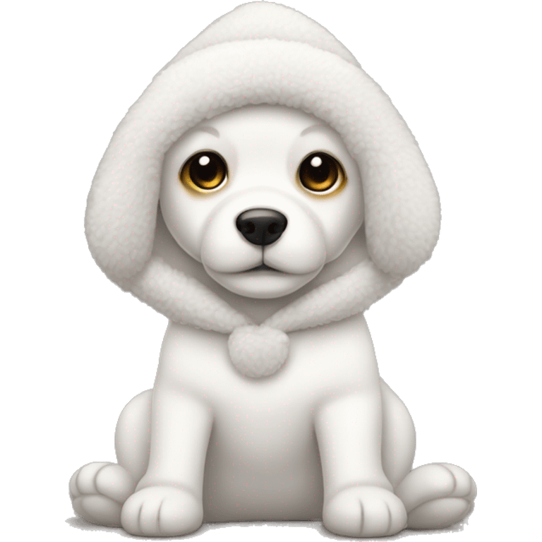 Un perro de peluche blanco con un pijama y un gorro blanco y muy delgado emoji