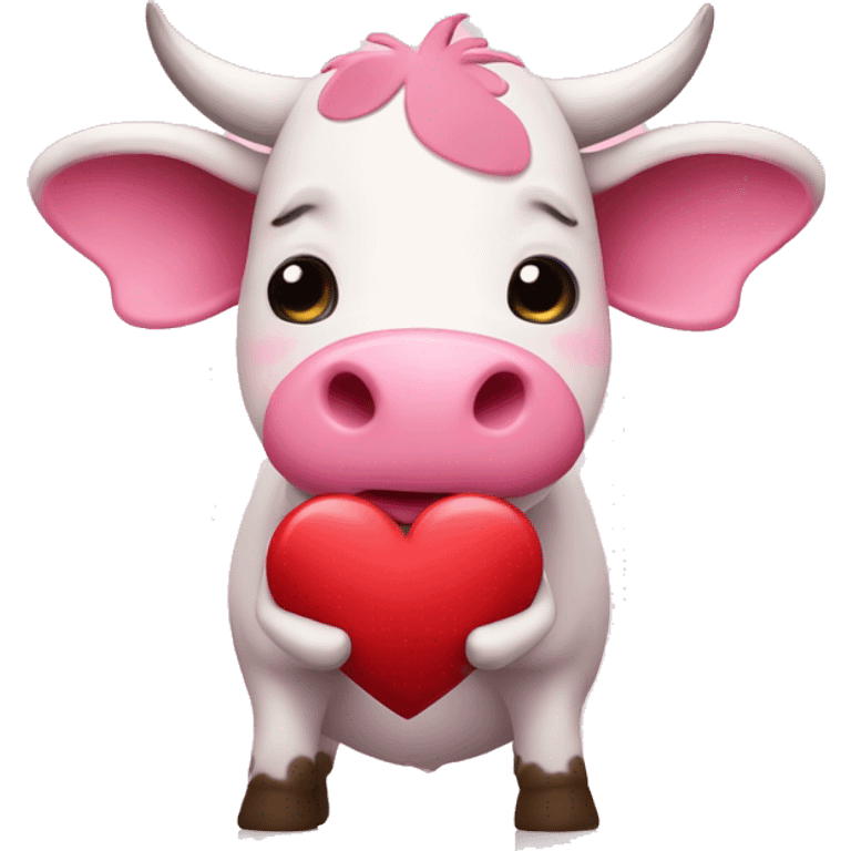 Cute little pink cow holding heart emoji