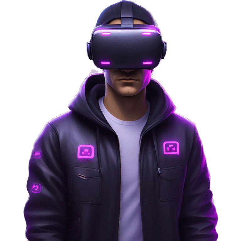 Russian man wearing a black hoodie with "OMG" letters on it and VR headset in a cyberpunk VR environment with violet neon lighting. emoji