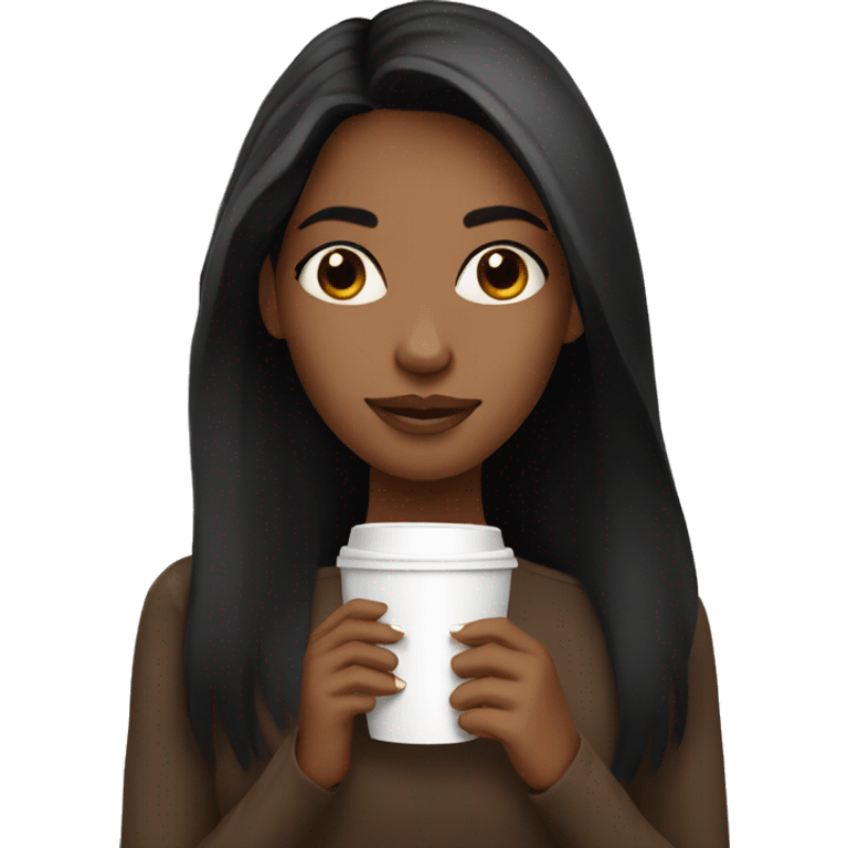 Brown skin girl with straight black hair holding coffee emoji