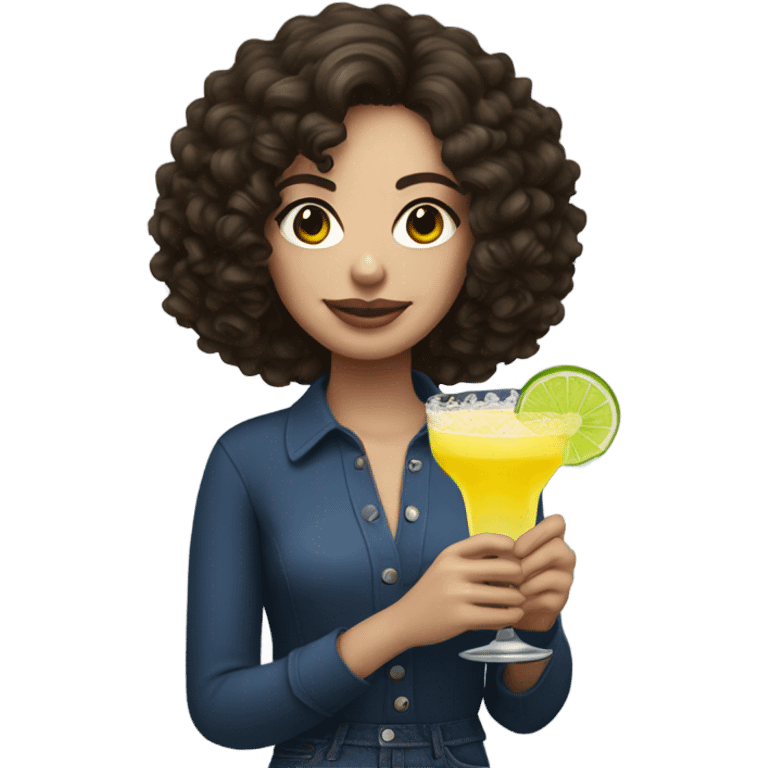 Curly hair, brunette with white skin holding a Margarita  emoji