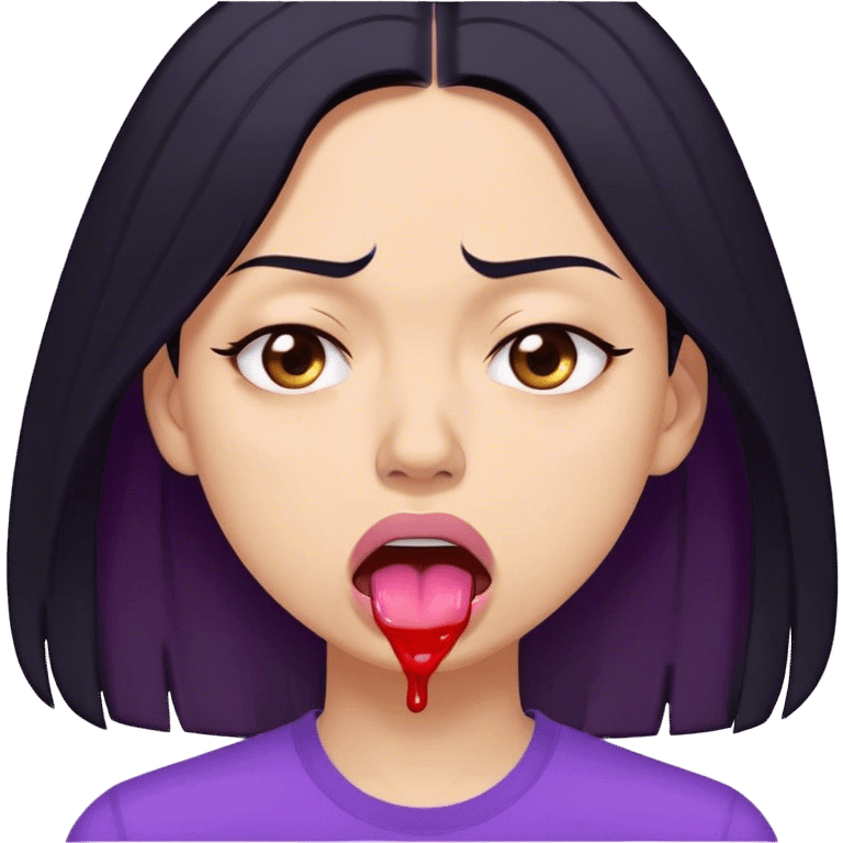 A digitally illustrated emoji-style character of a woman with shoulder-length black hair, wearing a purple shirt. Her expression shows extreme exhaustion or dehydration—her eyes are bloodshot and dry, her tongue is sticking out, and she has a single sweat drop on her cheek. The image has a clean white background emoji