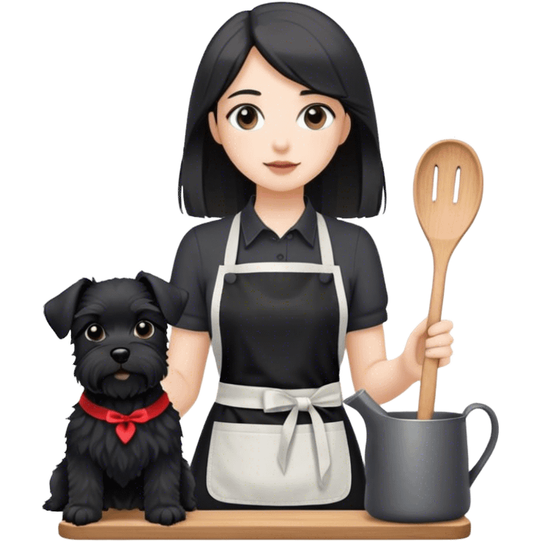 pale girl with long back hair wearing black shirt wearing apron holding black schnauzer emoji