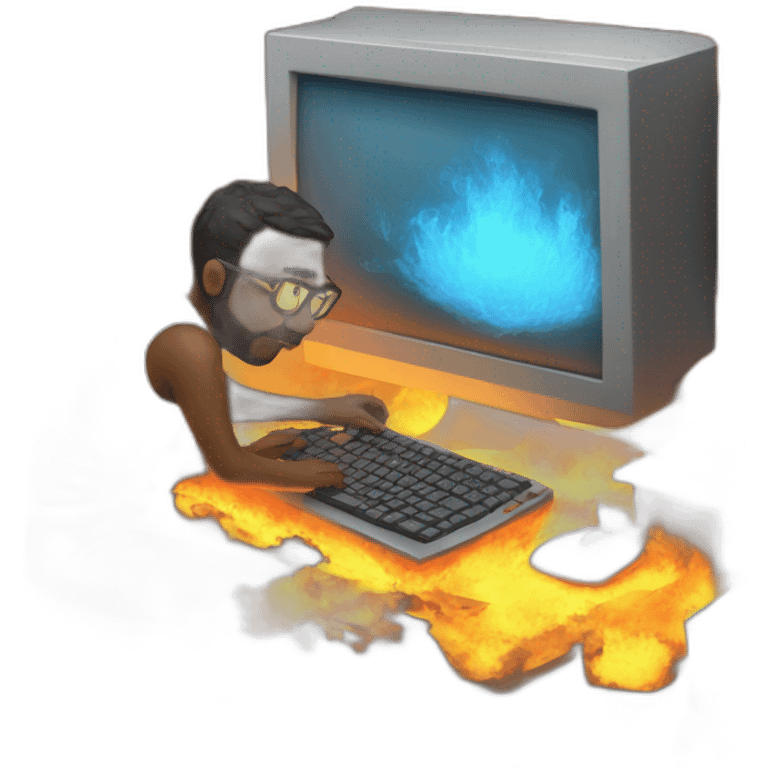 computer programmer typing furiously surrounded by fire emoji