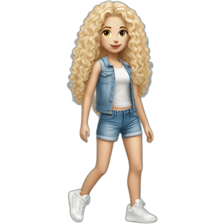 ultrarealist white long curly blonde hair girl with tight jean short shorts and sneakers emoji