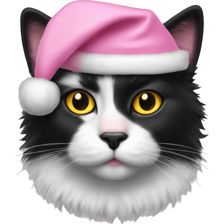 fluffy black tuxedo cat with yellow eyes, pink nose, and pink santa hat emoji