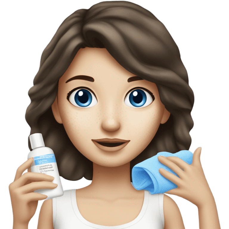 White Skin care on white freackles skin of a brunett blue eyed girl using skin care emoji