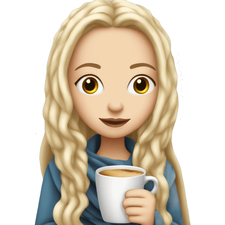 A pretty white girl with very long blond hair in a blanket sipping coffee emoji