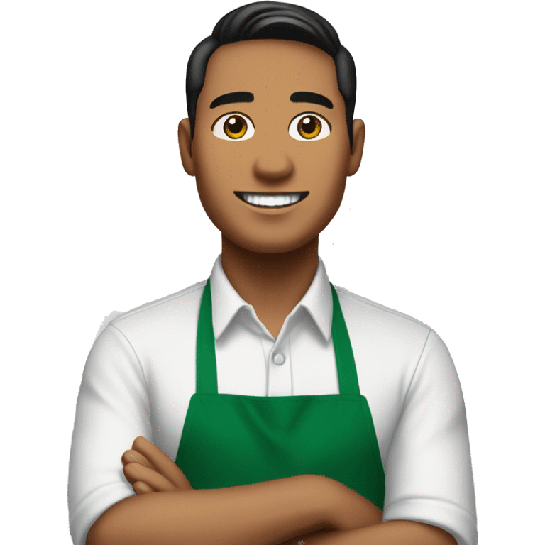 malay male starbucks barista with white t shirt and green apron, and starbucks logo in the middle of apron emoji