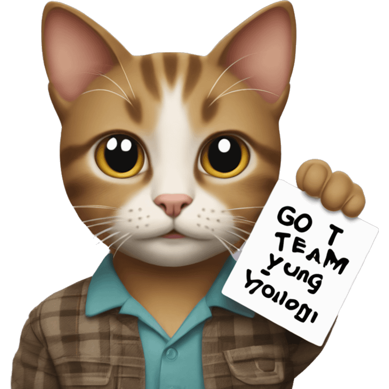 cat holding a sign that says “go team young Sheldon” emoji