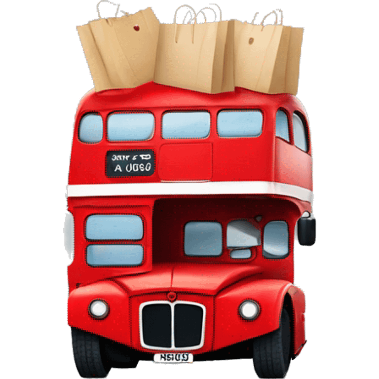 red double decker bus holding shopping bags emoji