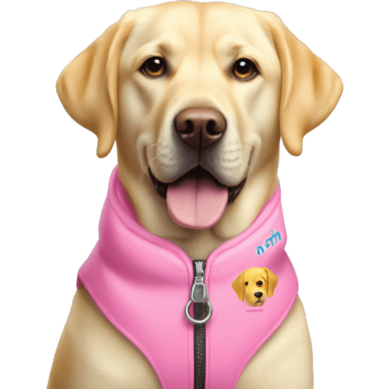 Yellow Labrador wearing a pink vest coat that says assistance dog  emoji