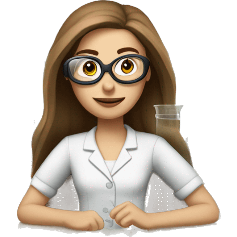 Pale Woman with straight long brown hair wearing small clear goggles in a lab class with a traditional bench and beakers  emoji