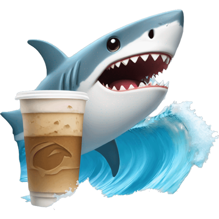 Shark surfing and holding an iced coffee  emoji