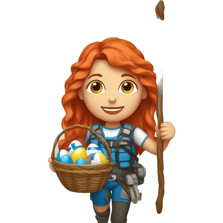 Female mountain climber red hair with Greek flag and holding Easter eggs basket emoji