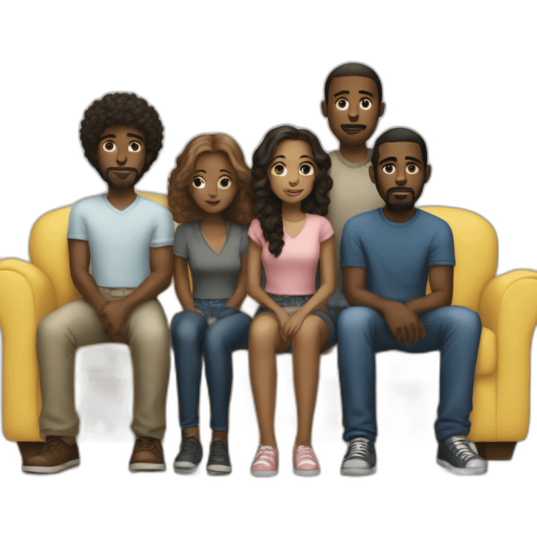 (five black men) standing around a light-skinned girl sitting on a sofa emoji