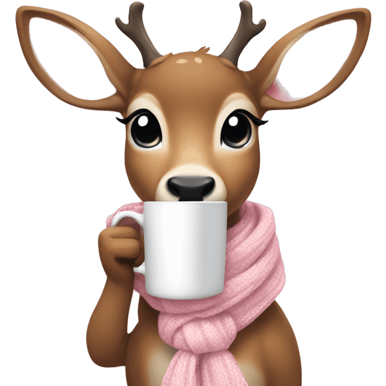 deer with a light pink scarf, wearing a light pink bow, holding a cup of coffee  emoji