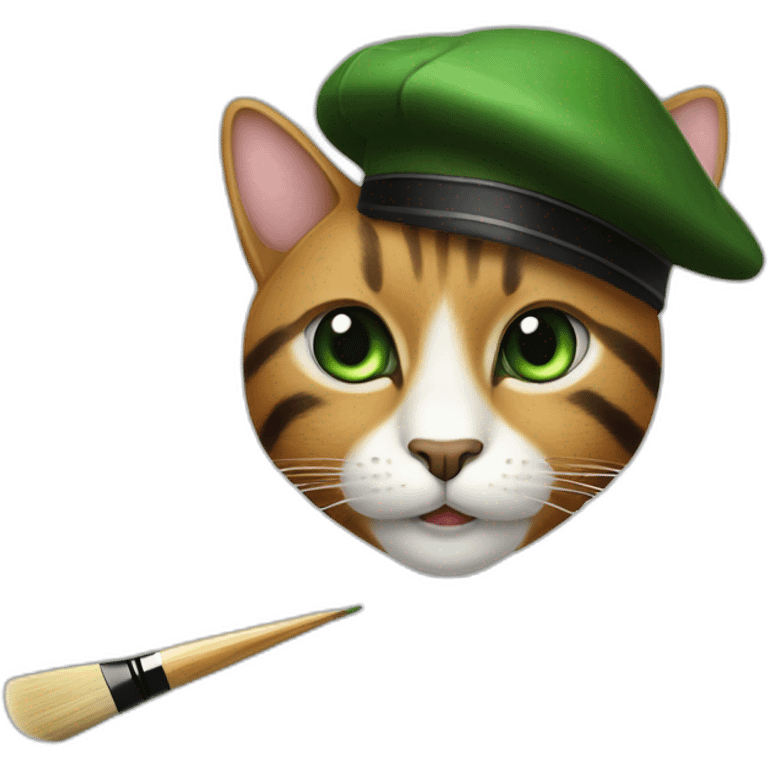 Brown cat with black stripes and white mustache and the contour of the white mouth and green eyes with a brush pencil and a black beret emoji