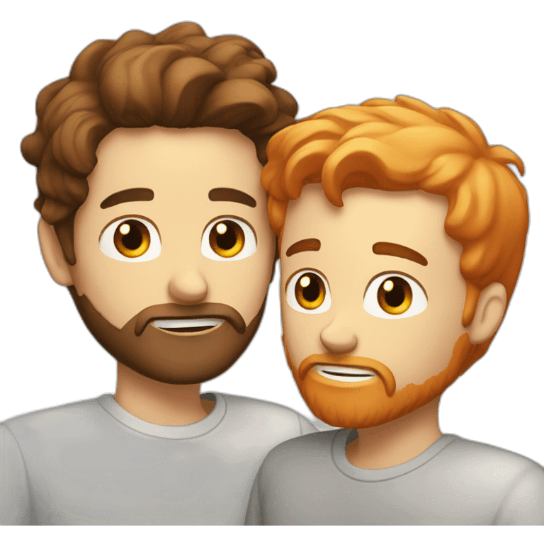 White guy with brown hair color and orange beard kissing a white guy with black hair color emoji