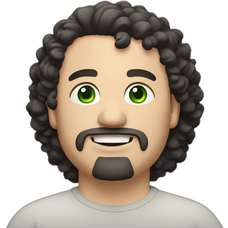 chubby caucasian man, looking 42 years old, black curly hair, green eyes, black goatee around the mouth, medium lips, smiling. emoji