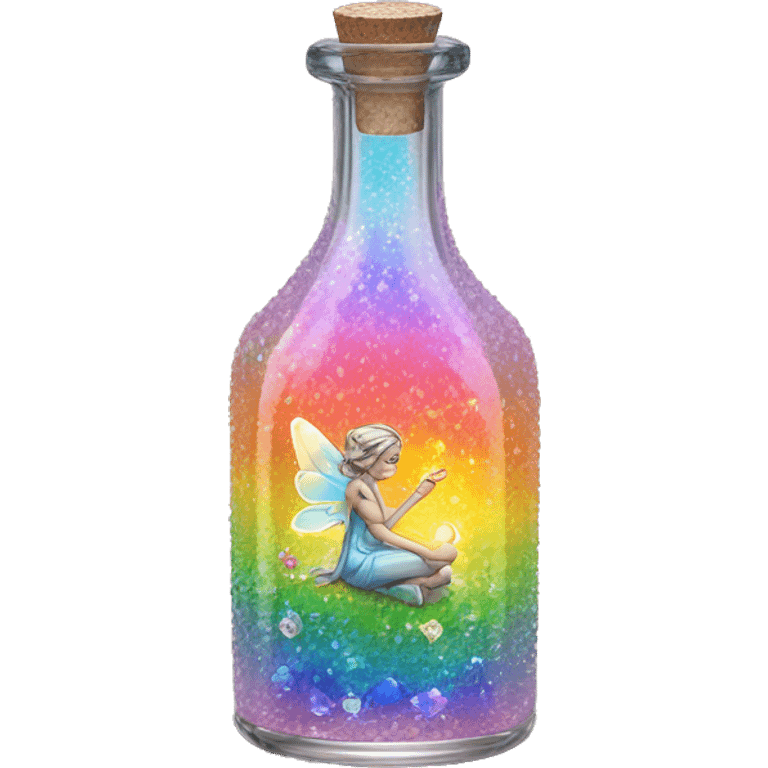 Antique oil bottle made of crystal glass of all delicate colors of the light rainbow, a living flower fairy sits at the bottom of the bottle emoji