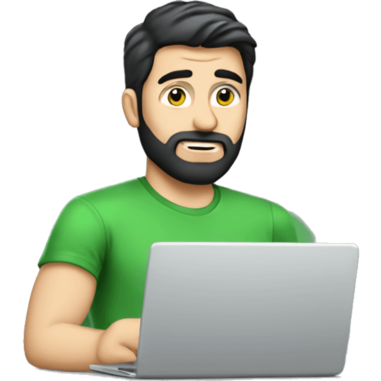 white guy with black hair thin face with beard typing in laptop wearing green t-shirt working in call center emoji