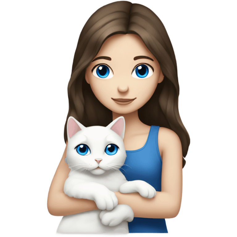 Brunette girl blue eyes hugging a fully white cat emoji