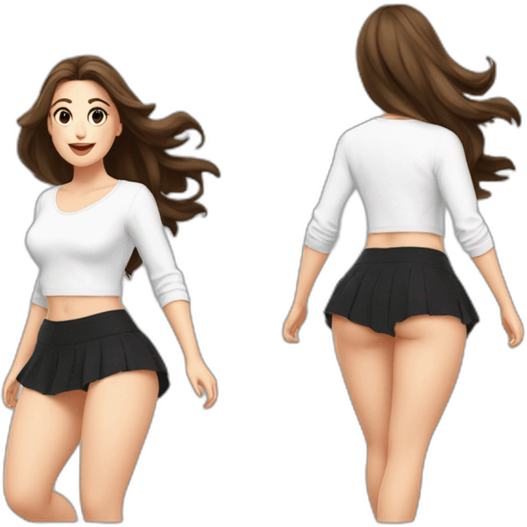 alistic-full-body-caucasian-curvy-beauty-jumping-short-black-skirt-back-and-front-views-strong-wind-white knickers-long-white-socks emoji