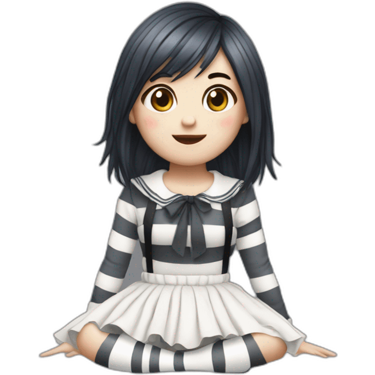 Hyperrealistic Frontal view curvy emo girl sits white skirt striped stockings hands up emoji