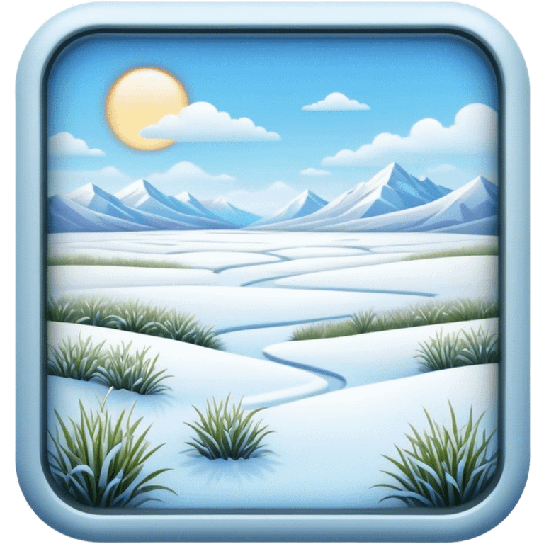 Cinematic Realistic Tundra Emoji in a wooden frame, Vast and cold, with wide expanses of snow-covered ground, sparse grasses poking through, and the occasional hardy shrub breaking up the pale white landscape. The sky above is a pale, frosty blue, and the light reflects off the snow, creating a serene yet starkly beautiful environment. Soft glowing outline, capturing the essence of a quiet, still, frozen wilderness where life endures despite the harsh conditions. emoji