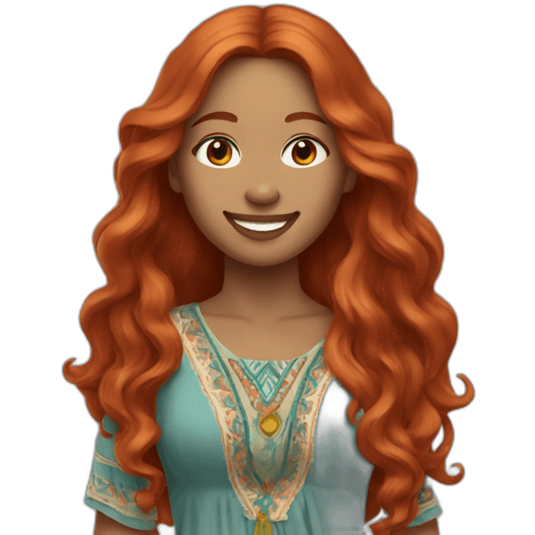 long hair redhead woman, smiling, wearing boho dress emoji