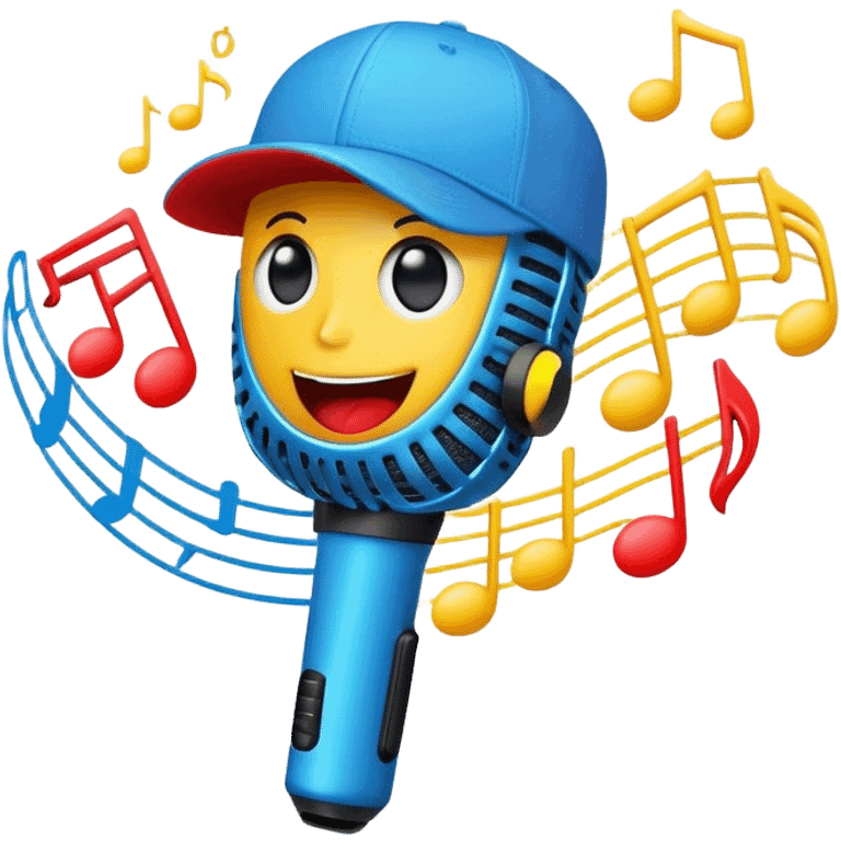 Create a dynamic and energetic emoji that represents beatboxing. The design should feature a microphone with a singing mouth and soundwaves or rhythmic beats emanating from it, symbolizing the vocal percussion and rhythm of beatboxing. Add a cap placed on top of the microphone to reflect street culture and the individuality of the performer. Include musical notes floating around to emphasize the musicality. Use bold, vibrant colors like neon blue, red, and yellow to convey energy and excitement. The background should be transparent. emoji