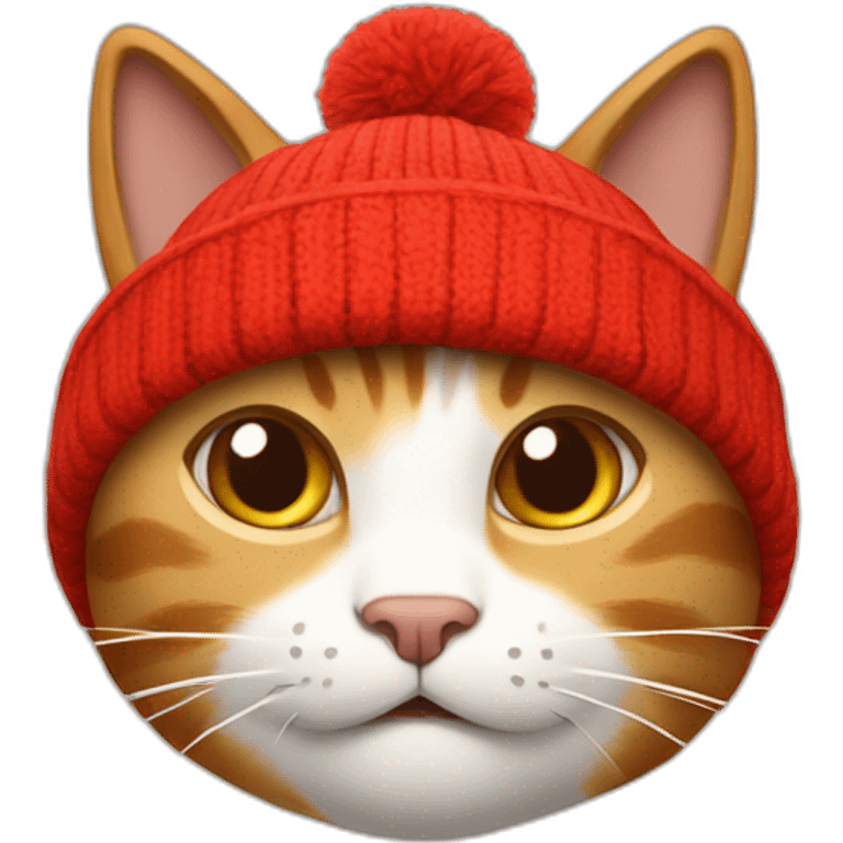 The cat in the beanie hat is red, the hat is on one side of the cat's head, the second ear is open and it is light brown, and the cat itself is white emoji