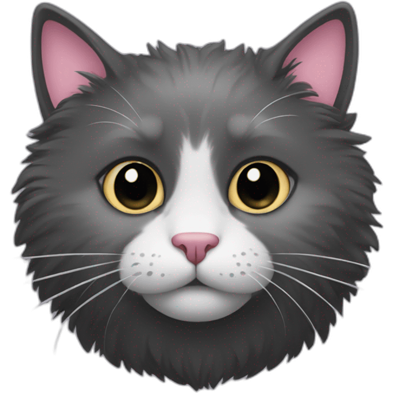 Fluffy dark grey cat with white spot around the nose and with pink nose with black spot on nose  emoji