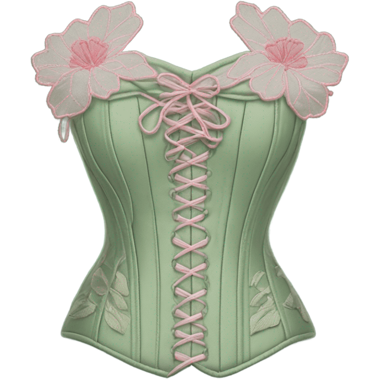 Sage green corset with pink flower embroidery, isolated emoji