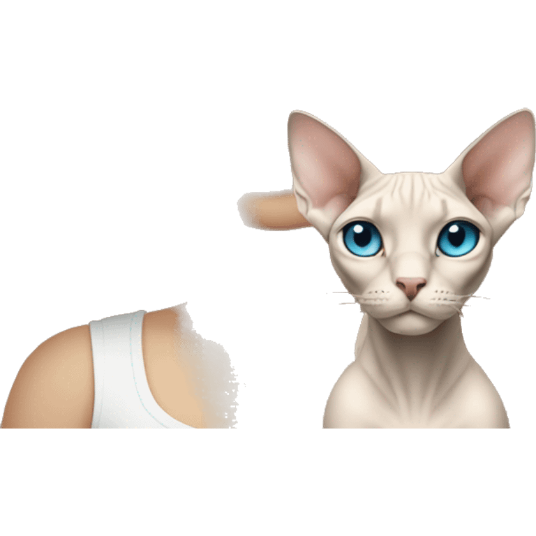 Blonde girl with long hair holding sphynx cat both has blue eyes emoji