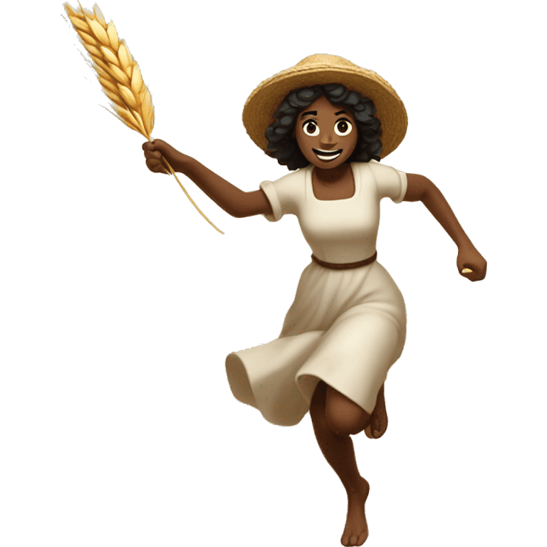 huckleberry Finn harvest goddess sprinting with wheat, with a large stride and arms outstretched emoji