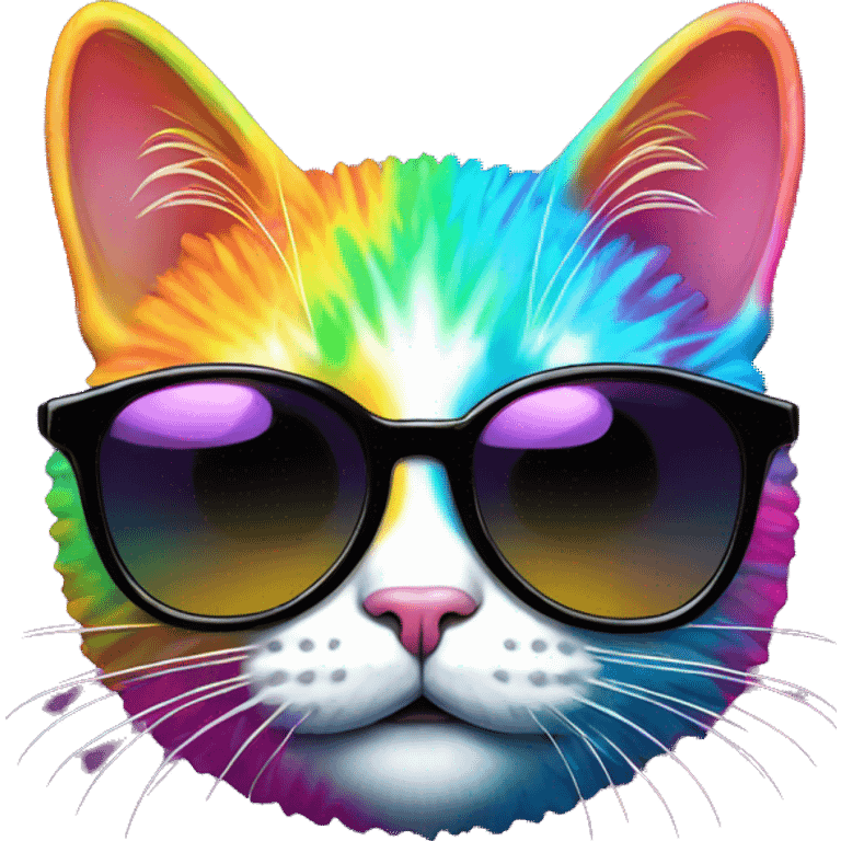 Psychedelic trippy tie die cartoon kawaii cat wearing black sunglasses  emoji