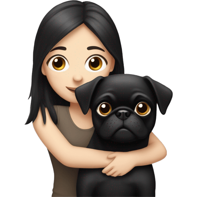 A white girl with black hair hugging a black pug dog emoji