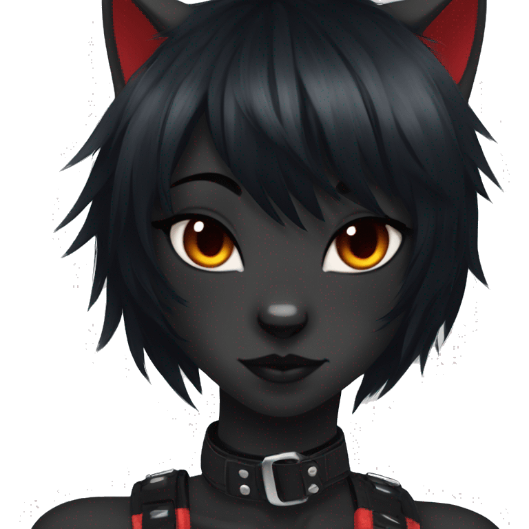 Anthro Edgy Cool Beautiful Black Cat-Fursona with Emo Hair-bangs with Red Streaks Chest Harness emoji