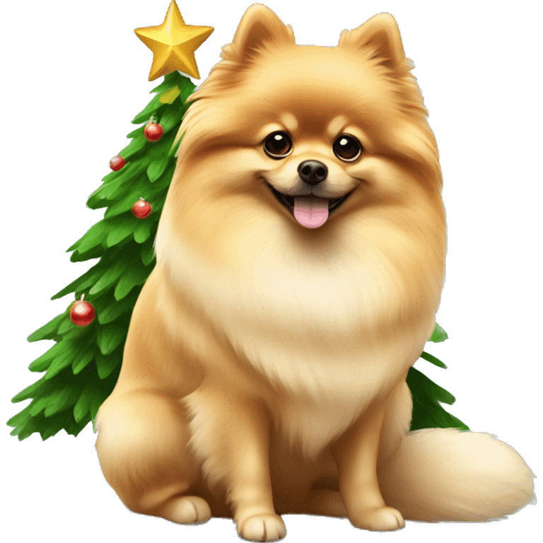 Pomeranian dog under Christmas tree  emoji