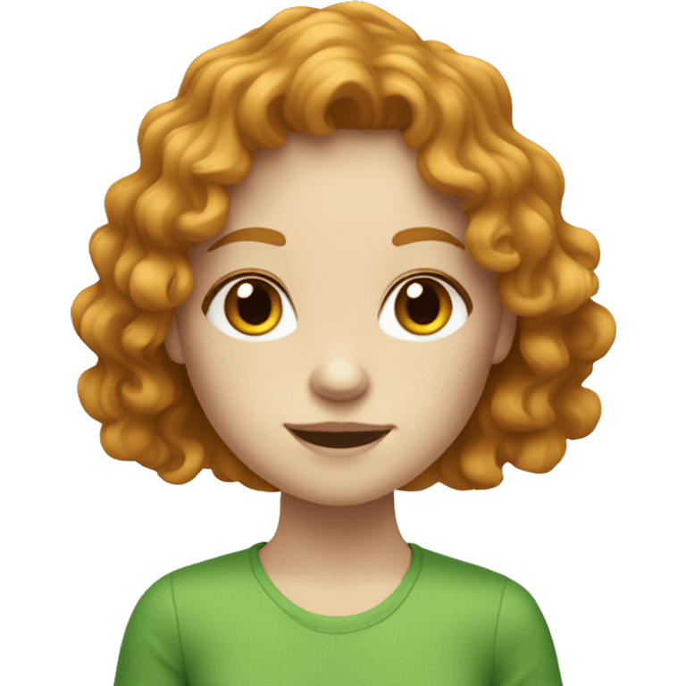 a pale ginger girl with freckles wearing green and has wavy hair and wavy bangs emoji